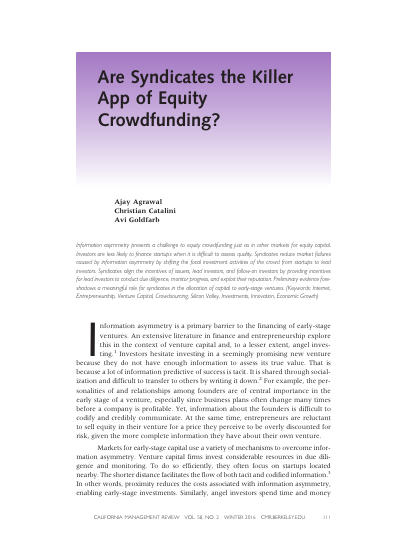 First page of Are Syndicates the Killer App of Equity Crowdfunding?